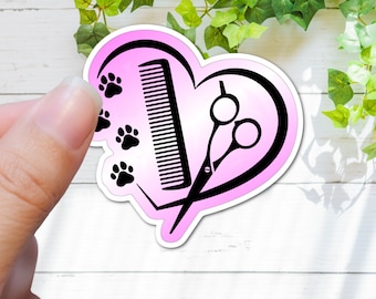 3" Dog Groomers Pink scissor heart comb Laminated Laptop Sticker Grooming Pet Dog Groomer Groom Animals Colors Gradient