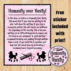 Humanity Over Vanity Grooming Shop Sign Pink Marble Black LAMINATED POSTER sign Poodle Scissor Comb Dog Grooming Groomer