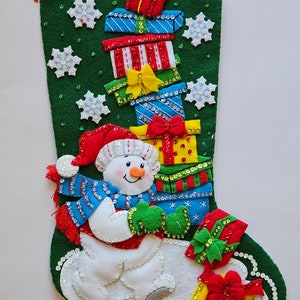 Finished Bucilla Christmas Stocking - Snowman and Presents
