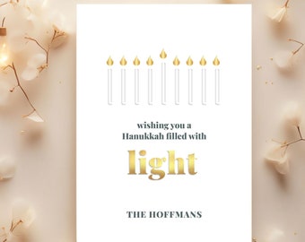 Hanukkah Filled with Light Greeting Card, Happy Hanukkah Gift Card, Chanukah Gold Menorah Digital Download Postcard M29