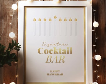 Hanukkah Party Cocktail Bar Sign, Happy Hanukkah Printable Sign for Signature Cocktail Bar M29