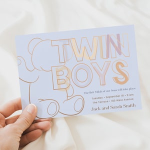 Twin Boys Brit Milah Card, Twin Boys Baby Naming Invitation, Twin Boys Teddy Bear Birth Announcement & Baby Shower