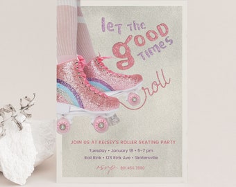 Retro Skate Party Invitation, Pink 90s Roller Skate Invite, Let The Good Times Roll Birthday, 80's Girls Skate Corjl M7