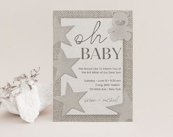 Brit Milah Card Oh Baby Stars and Bear Brit Milah Invite, Baby Naming Shalom Zachor Birth Announcement and Baby Shower Bris Invitation M3