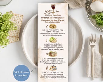 Passover Mah Nishtanah Card | Hebrew and English Printable | The Four Questions Menu Card | Jewish Holiday Instant Download