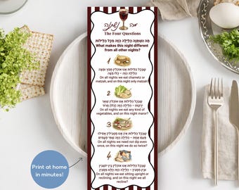 Passover Card with The Four Questions Mah Nishtanah, Hebrew and English, Pesach Seder, Passover Hagaddah, Instant Download