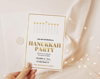 Hanukkah Party Invitation, Chanukah Gold Invite, Hanukkah Menorah Ceremony Invitation, Hanukkah Celebrate Hanukah Decor Instant Download M29