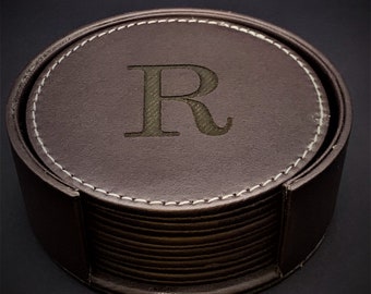 Leather Coaster 6 Piece Set with Caddy - Custom Monogrammed