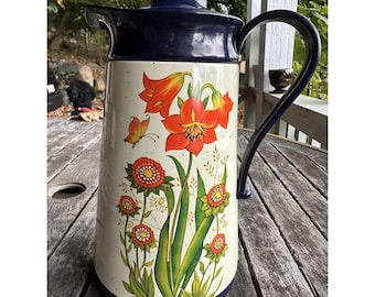 Vintage Boho 1970s Interpur Insulated Carafe Plastic Navy Blue & Orange Flowers