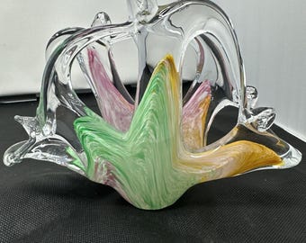 Vintage Italian Art Glass Napkin Holder Murano Style Sculpture Pink Green Colors