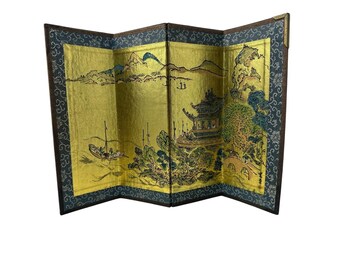 Vintage Byobu Four Panel Architectural Gold Paper Japanese Signed Table Screen