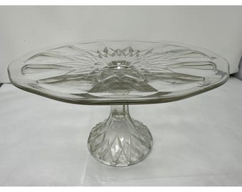 Vintage Clear Glass Pedestal Cake Plate Starburst Pattern 9.75" Diameter