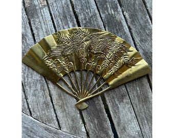 Vintage 1940's  Brass Taiwan Made Hand Fan Raised Phoenix Dragon Decor 11"x7"