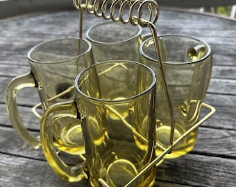 1950's Hazel Atlas Amber Glass D-Shaped Handle Beer Mugs w/ Brass Carrying Caddy