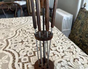 Vintage Danish MCM 1960's Teakwood Fondue Fork Set Teak Wood 6 Forks & Stand