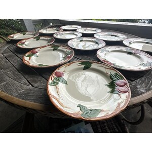 May include: A collection of ceramic plates with a fruit and leaf design. The plates have a cream-colored center with a brown rim and feature illustrations of red fruit and green leaves. The plates are arranged on a wooden table.