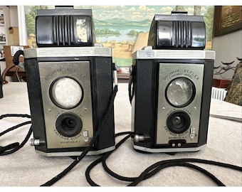 Lot Of 2 1940s Brownie Reflex Synchro Kodak Cameras With Straps, Twin Lens