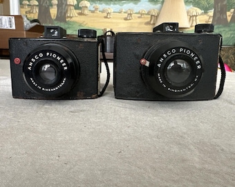 Lot Of 2 Vintage Cameras 1947 Ansco Pioneer Film Cameras with Straps