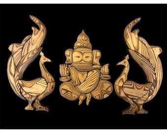 Poompuhar Carved Wooden Peacocks & Ganesh Intarsia Hanging Wall Art, 3 Piece Set