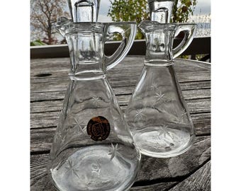 2 Vintage 1950s Hazel Atlas Embossed Star Oil & Vinegar Cruets w/ Stoppers