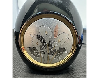 Vintage 1950's Art of Chokin 24k Gold Trim Japanese Lillies Flowers Black Vase