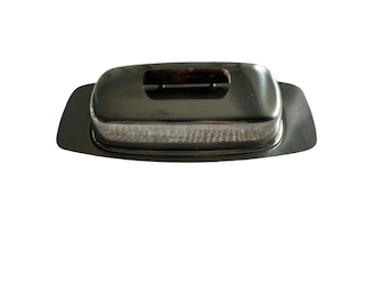 Vintage MCM Denmark Selandia stainless steel butter dish wood handle Scandinavia