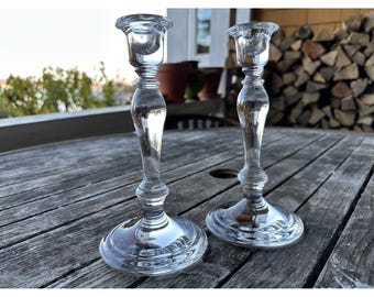 Pair Of (2) Tiffany & Co Round Crystal Candle Holders 8.4"