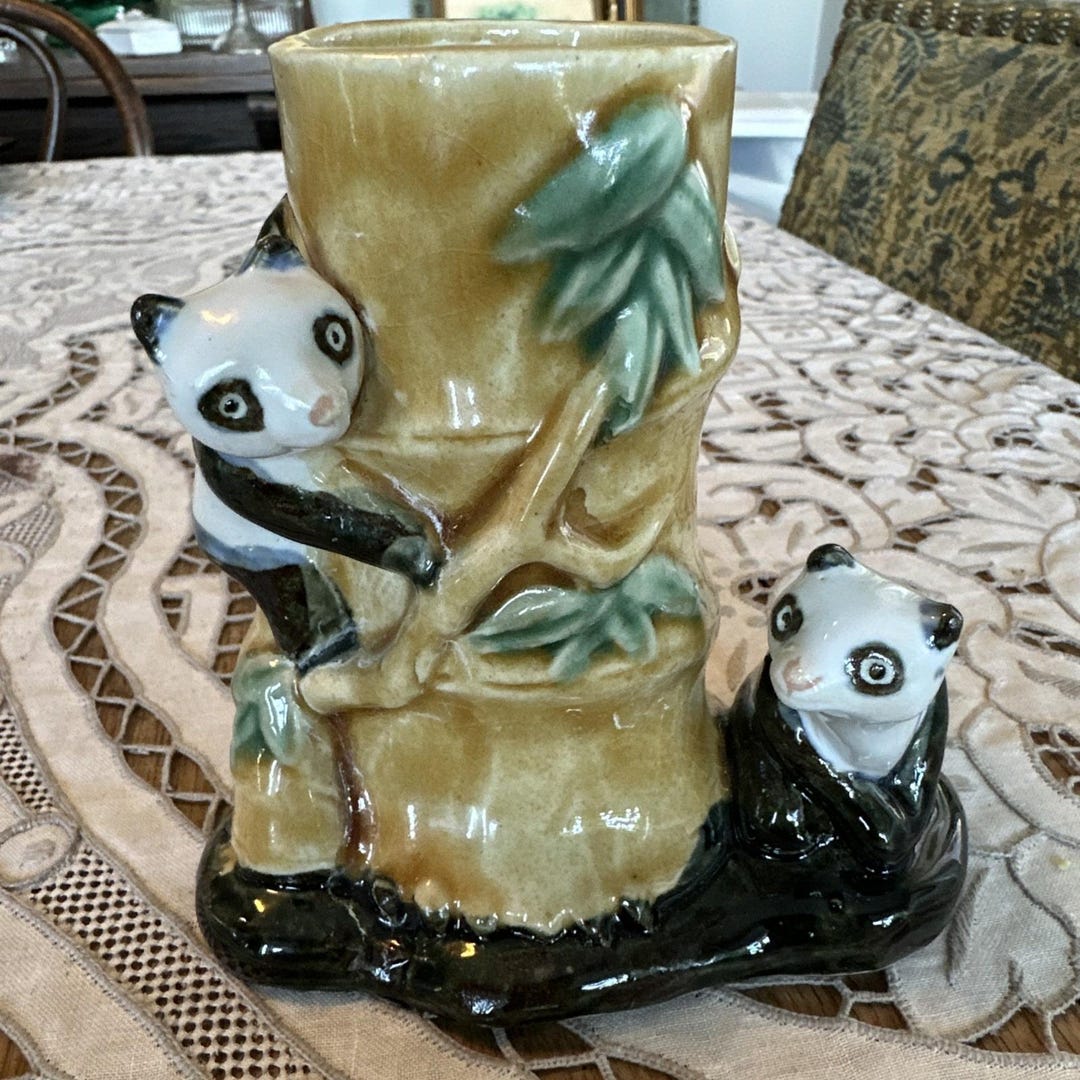 Vintage Majolica 2 Pandas Bamboo Flower Vase Planter Glazed Drip Heavy ...