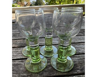 Vintage MCM Set of 5 Italian Green Glass Cordial Glasses by Bormioli Rocco Italy
