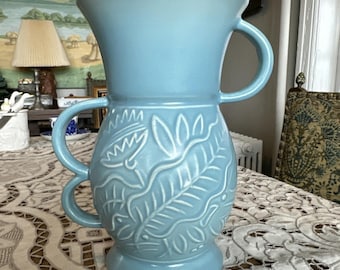 Red Wing USA Embossed Pottery 3 Handle Ceramic Vase #1167 Blue Floral Pattern