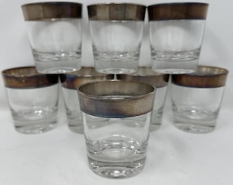 8 Vintage MCM Dorothy Thorpe Silver Ring Whiskey Bourbon Glasses Low Ball 3.3"