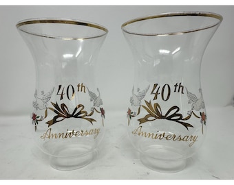 Pair Of Vintage 1940's Hurricane Glass Lamp Shades 40th Anniversary Gold Rim