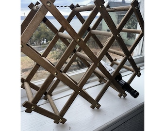 Vintage Wooden Accordion 8 Bottle Wine Rack With Decorative Brass Studs & Chain