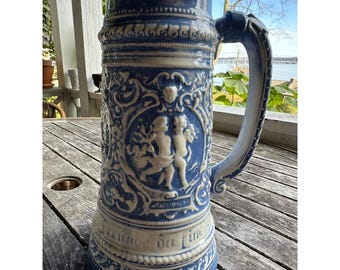 Large Vintage Cobalt Blue Salt Glaze German 4 Liter Beer Stein Ceramic Cherubs