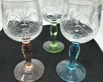3 Vintage 1950's MCM Cordial Shot Glasses Hock Rainbow Barware Stemmed & Etched