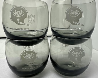 Set Of 4 1970's Vintage NFL New York Jets Smoked Lowball Rocks 11 oz. Glasses