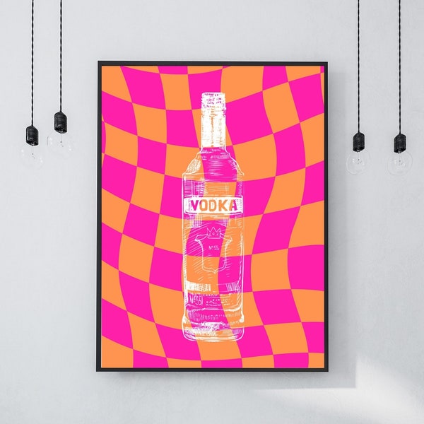 Pink and Orange Wall Art | Cocktail Print| DIGITAL DOWNLOAD | Vodka Poster| Checkered Bar Cart Wall Art | Retro Bar sign |Vodka bottle