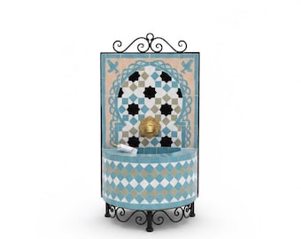 Moroccan fountain in blue mosaic from Fez – Handcrafted ceramic and zellige fountain – Oriental decoration