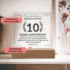 Personalized 10 Year Work Anniversary Gift Co-worker Boss, Custom Company and Employee Name Service Award, Appreciation Award Colleague