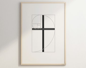 May include: A framed print of a black cross superimposed over a gray and white geometric design, resembling the Fibonacci spiral.