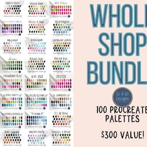 May include: A digital art bundle featuring 100 Procreate color palettes. Each palette showcases a collection of coordinated colors, with names like "Sweet Floral" and "Video Game." The image includes the text "Whole Shop Bundle."
