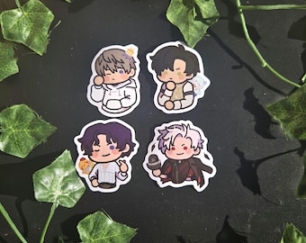 May include: Four illustrated stickers featuring characters with different hairstyles and clothing. The characters are wearing a white shirt, a brown shirt, a white shirt with a black vest, and a black shirt with a red vest. The stickers are on a green leafy background.