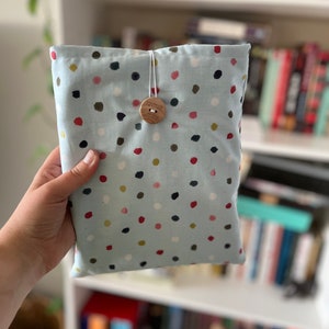 Handmade Book Sleeve, Happy Dots, Fabric Book Sleeve, Book Pouch, Cotton, Wood Button Closure image 3