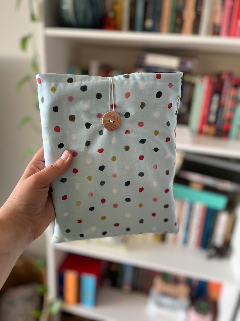 Handmade Book Sleeve, Happy Dots, Fabric Book Sleeve, Book Pouch, Cotton, Wood Button Closure image 3