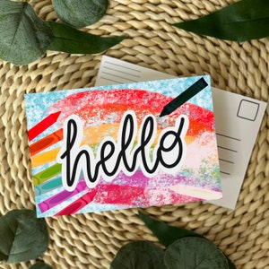 PRINTED Crayon Rainbow Postcards, Teacher Postcards, ENGLISH & SPANISH, Set of Postcards, Hello Hola Postcard, Back to School Postcards