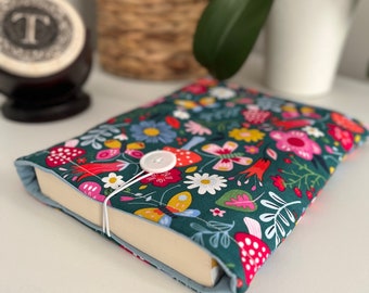 Handmade Book Sleeve, Colorful Garden, Fabric Book Sleeve, Book Pouch, Cotton, Wood Button Closure