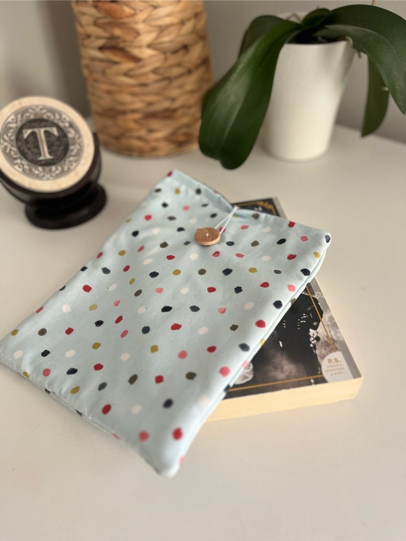 Handmade Book Sleeve, Happy Dots, Fabric Book Sleeve, Book Pouch, Cotton, Wood Button Closure image 4