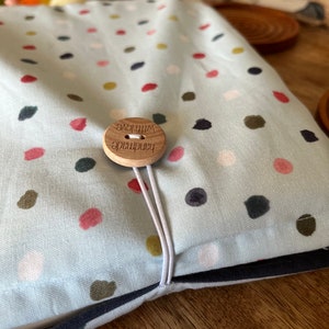 Handmade Book Sleeve, Happy Dots, Fabric Book Sleeve, Book Pouch, Cotton, Wood Button Closure image 5