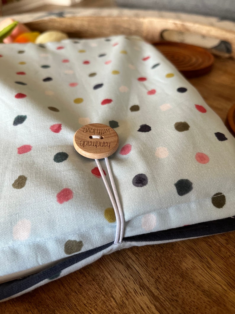 Handmade Book Sleeve, Happy Dots, Fabric Book Sleeve, Book Pouch, Cotton, Wood Button Closure image 5