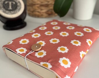 Handmade Book Sleeve, Peachy Daisy, Fabric Book Sleeve, Book Pouch, Cotton, Wood Button Closure